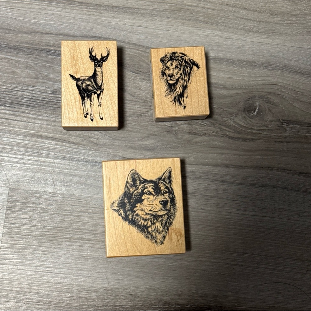 Vintage Realistic Wood Rubber Stamps Lot - Wild Animals - Lion Wolf Deer